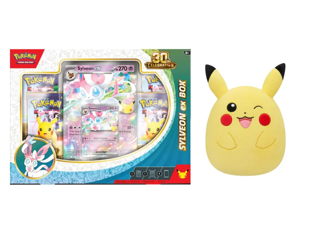 Pokémon TCG 30th Celebration Sylveon ex Box with Pikachu Squishmallows plush bundle